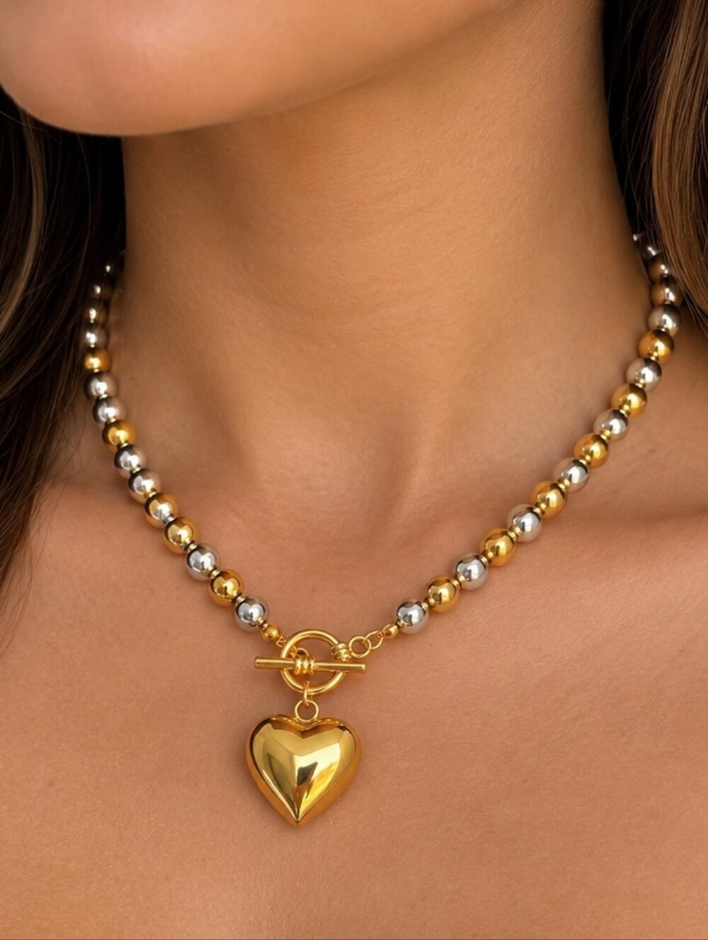 Two Tone Gold Silver Beaded Heart Pendant Toggle Necklace - Picture 1 of 14